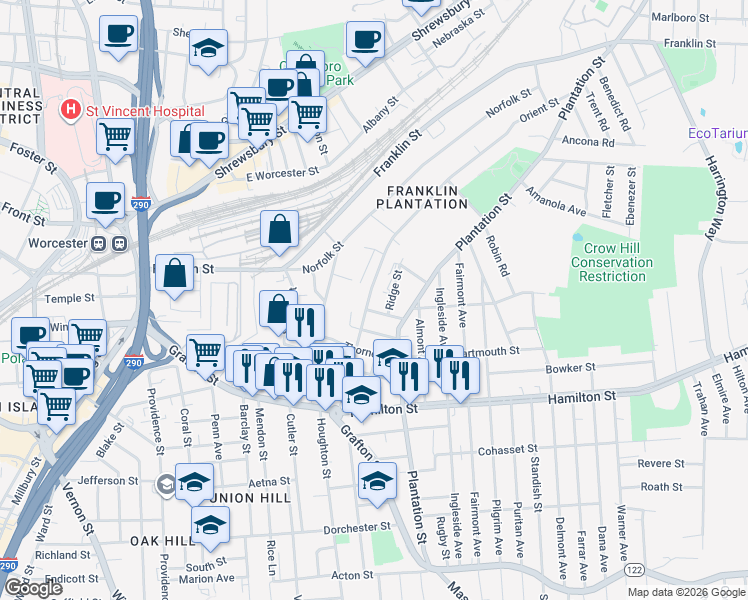 map of restaurants, bars, coffee shops, grocery stores, and more near 51 Orient Street in Worcester