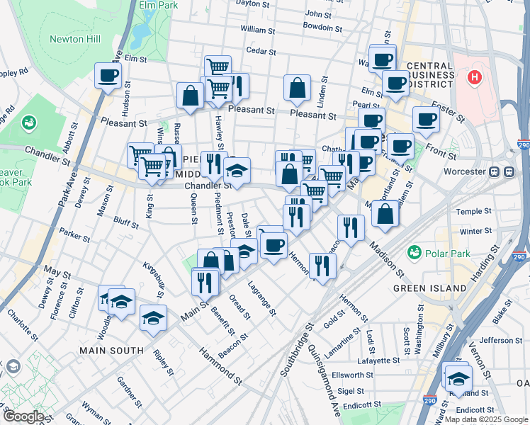 map of restaurants, bars, coffee shops, grocery stores, and more near 26 Ethan Allen Street in Worcester