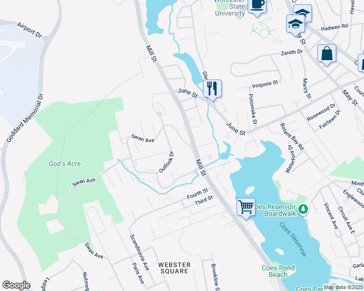 map of restaurants, bars, coffee shops, grocery stores, and more near 2 Swan Avenue in Worcester