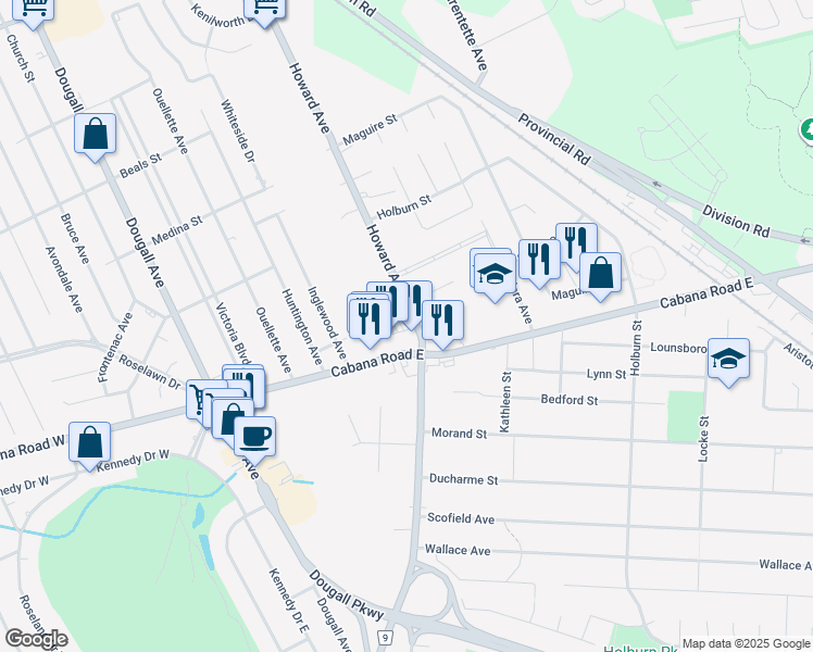 map of restaurants, bars, coffee shops, grocery stores, and more near 3817 Howard Avenue in Windsor