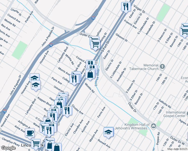 map of restaurants, bars, coffee shops, grocery stores, and more near 1057 Victoria Avenue in Lincoln Park