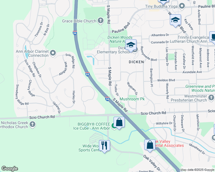 map of restaurants, bars, coffee shops, grocery stores, and more near 1660 Tudor Drive in Ann Arbor