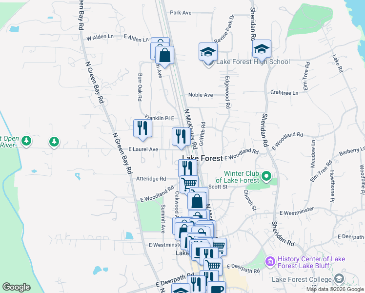 map of restaurants, bars, coffee shops, grocery stores, and more near 160 East Laurel Avenue in Lake Forest