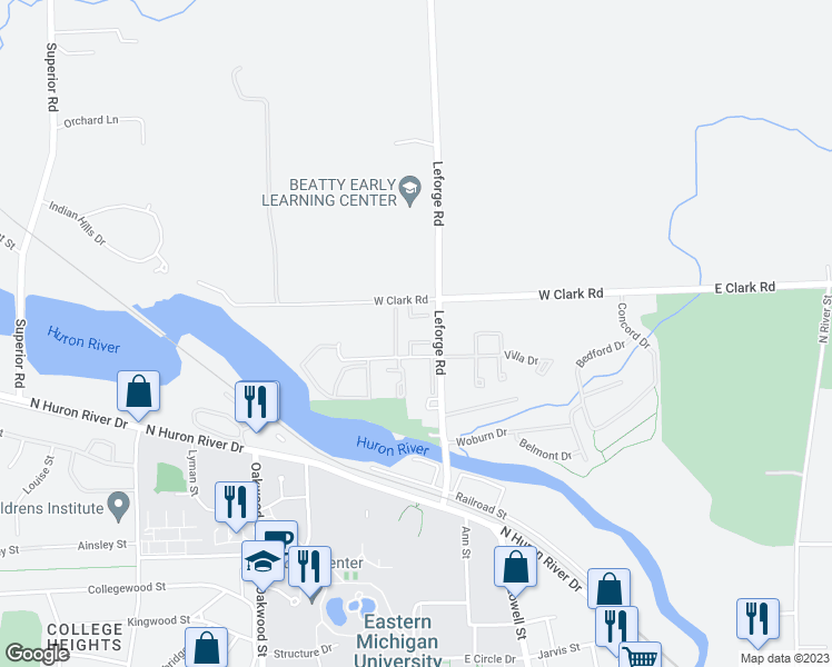 map of restaurants, bars, coffee shops, grocery stores, and more near 1433 Leforge Road in Superior Charter Township