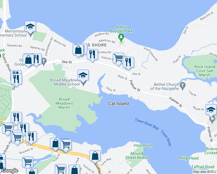 map of restaurants, bars, coffee shops, grocery stores, and more near 93 Utica Street in Quincy