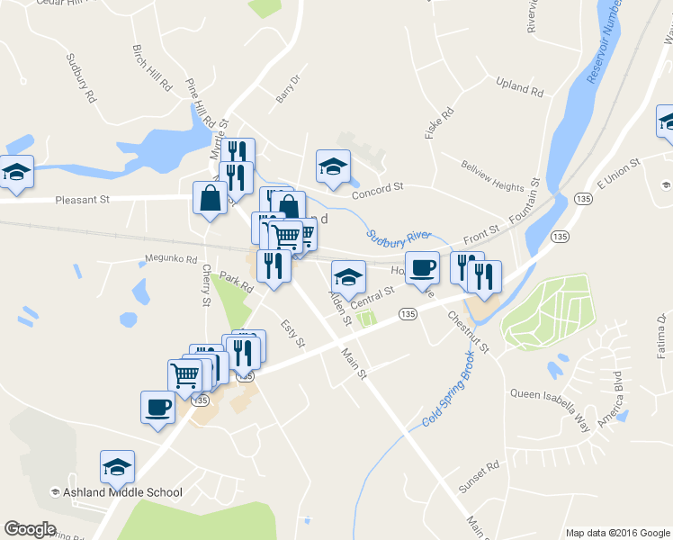 map of restaurants, bars, coffee shops, grocery stores, and more near 83-85 Homer Avenue in Ashland