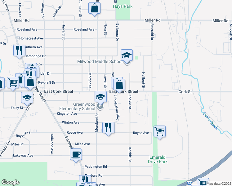 map of restaurants, bars, coffee shops, grocery stores, and more near 2012 East Cork Street in Kalamazoo