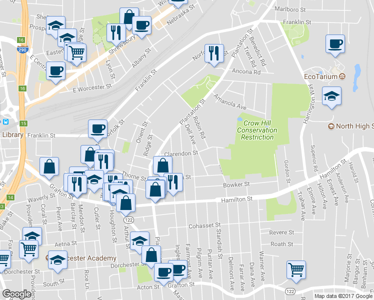 map of restaurants, bars, coffee shops, grocery stores, and more near 21 Clarendon Street in Worcester