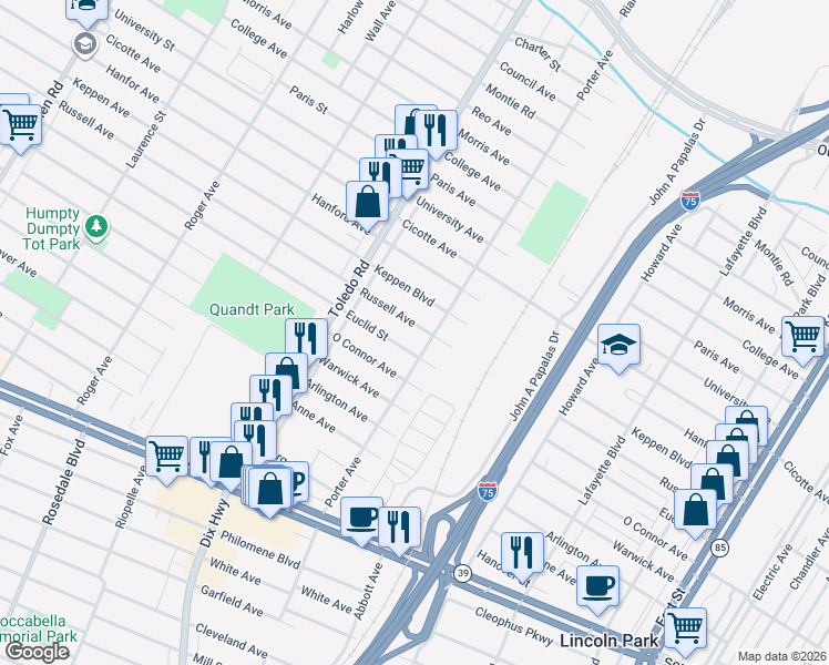 map of restaurants, bars, coffee shops, grocery stores, and more near 1808 Russell Avenue in Lincoln Park