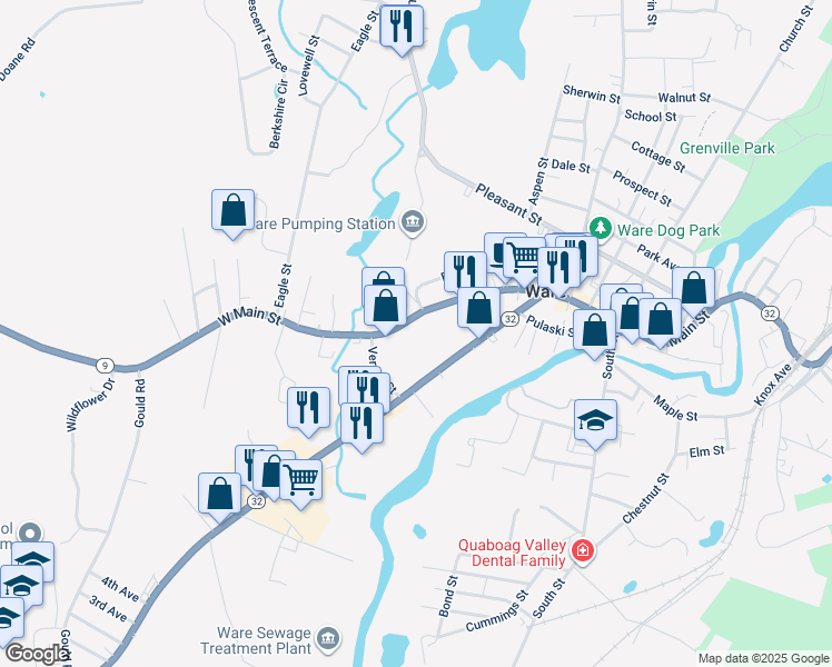 map of restaurants, bars, coffee shops, grocery stores, and more near 88 West Main Street in Ware
