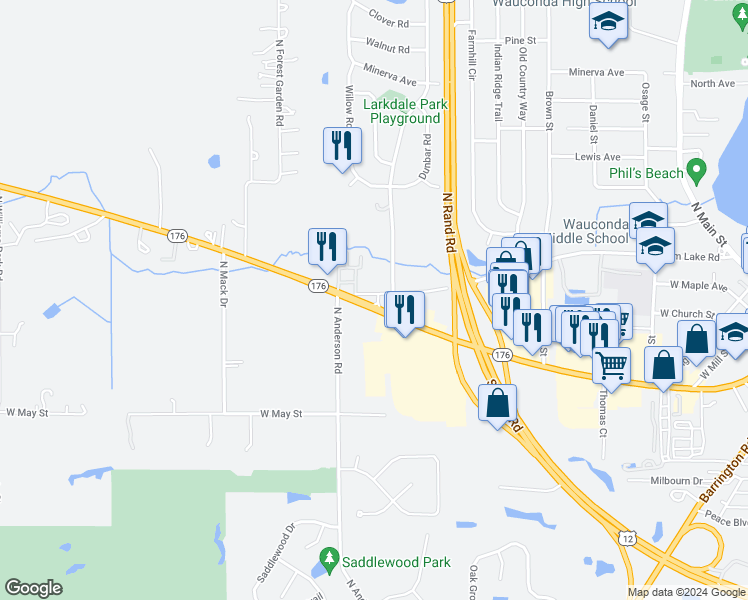 map of restaurants, bars, coffee shops, grocery stores, and more near 651 West Liberty Street in Wauconda