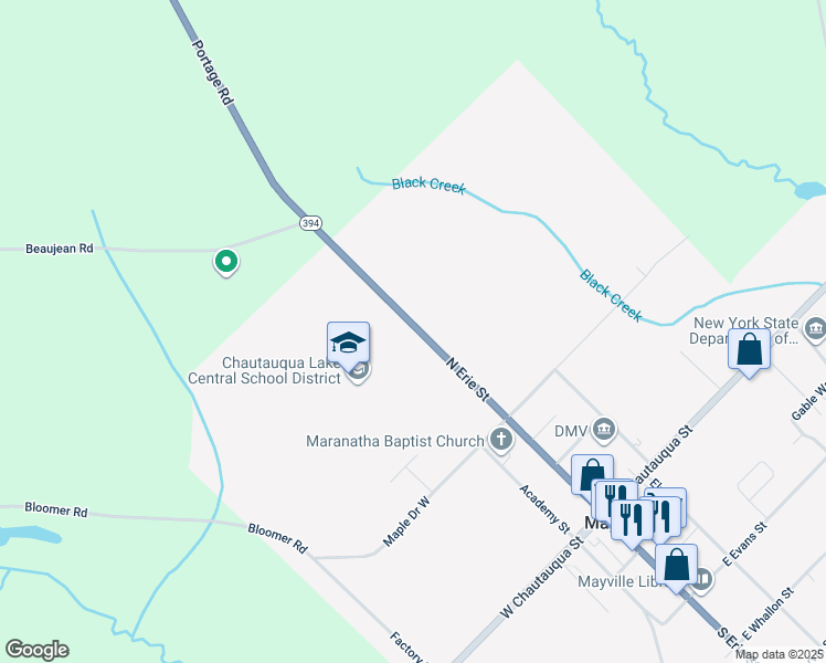 map of restaurants, bars, coffee shops, grocery stores, and more near 100 North Erie Street in Mayville