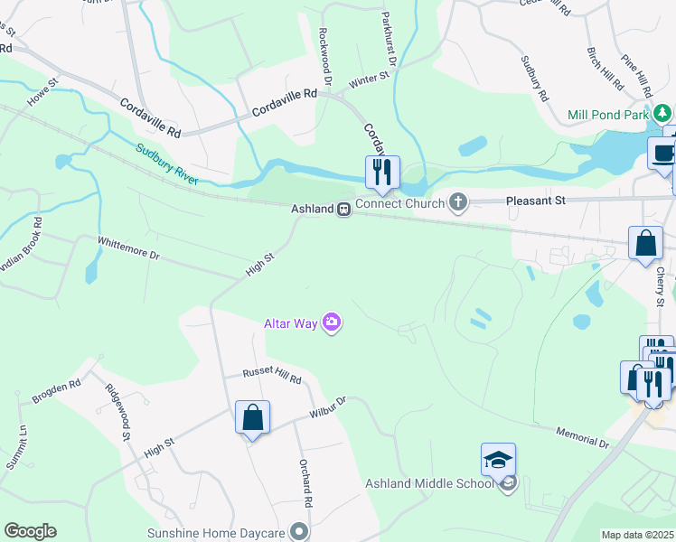 map of restaurants, bars, coffee shops, grocery stores, and more near 6 Cirrus Drive in Ashland