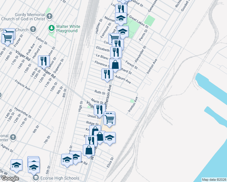 map of restaurants, bars, coffee shops, grocery stores, and more near 15 East Glenwood Street in Ecorse