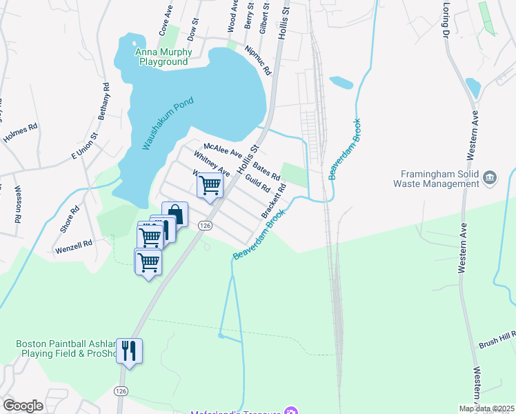 map of restaurants, bars, coffee shops, grocery stores, and more near 49 Waushakum Boulevard in Framingham