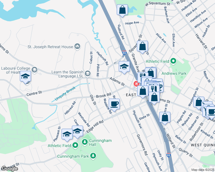 map of restaurants, bars, coffee shops, grocery stores, and more near 11 Rowe Street in Milton