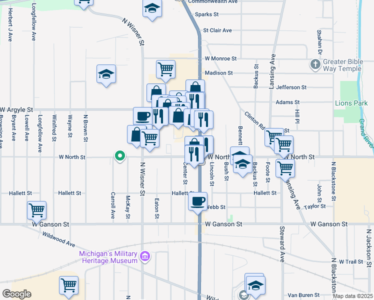 map of restaurants, bars, coffee shops, grocery stores, and more near 814 West North Street in Jackson