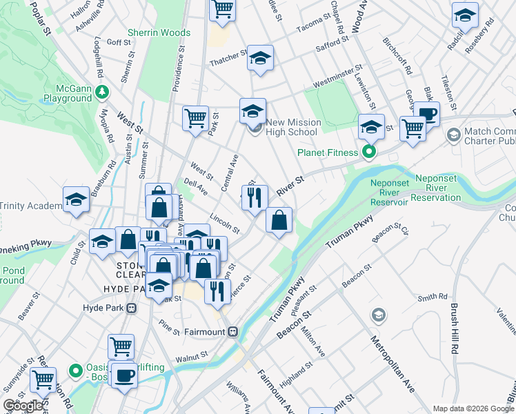 map of restaurants, bars, coffee shops, grocery stores, and more near 1049 River Street in Boston