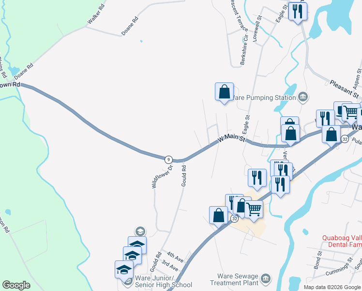 map of restaurants, bars, coffee shops, grocery stores, and more near 2-98 Boivin Avenue in Ware