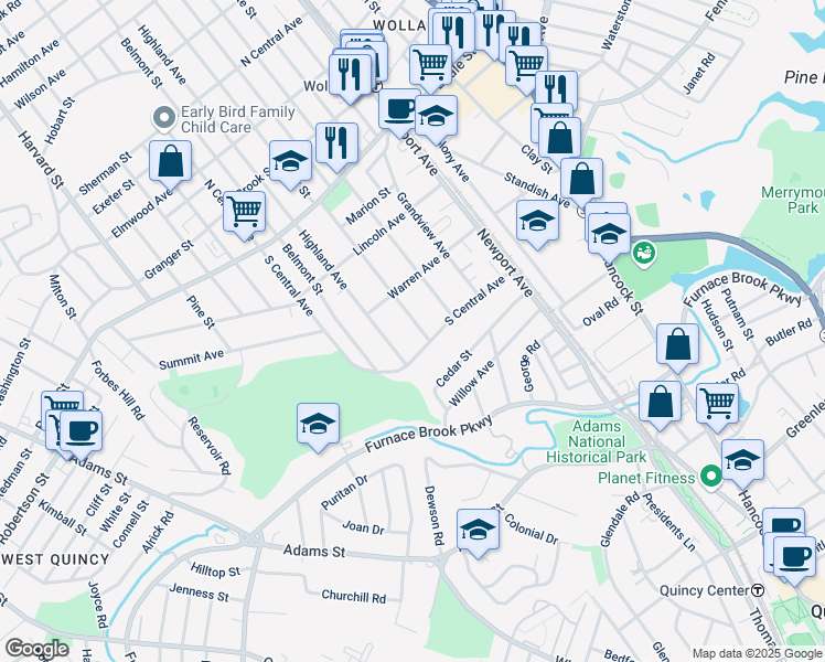 map of restaurants, bars, coffee shops, grocery stores, and more near 133 Prospect Avenue in Quincy