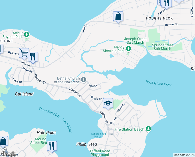 map of restaurants, bars, coffee shops, grocery stores, and more near 34 Lind Street in Quincy