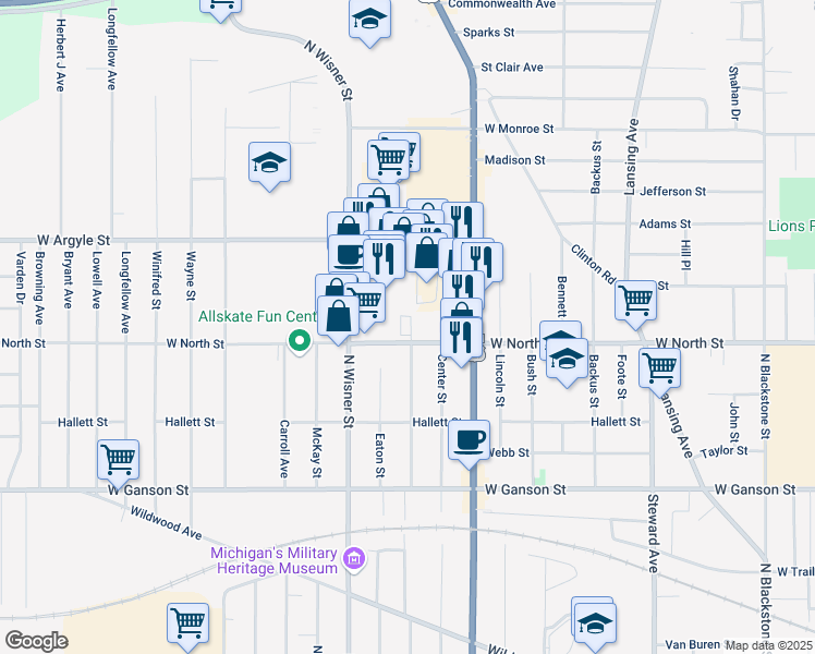 map of restaurants, bars, coffee shops, grocery stores, and more near 930 West North Street in Jackson