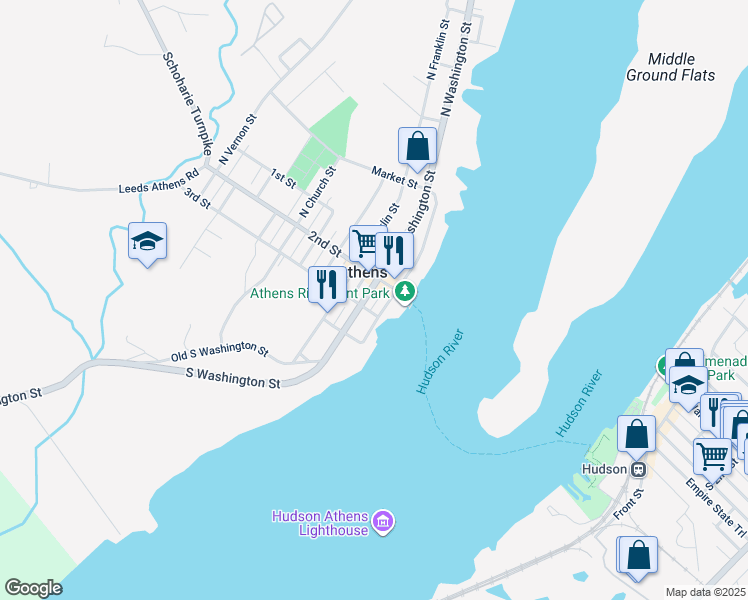 map of restaurants, bars, coffee shops, grocery stores, and more near 5 North Washington Street in Athens