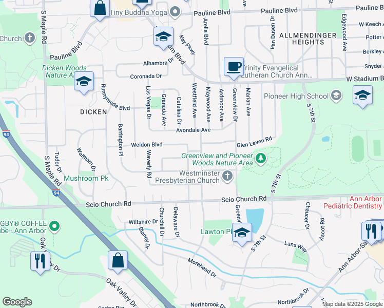 map of restaurants, bars, coffee shops, grocery stores, and more near 1631 Hartford Street in Ann Arbor
