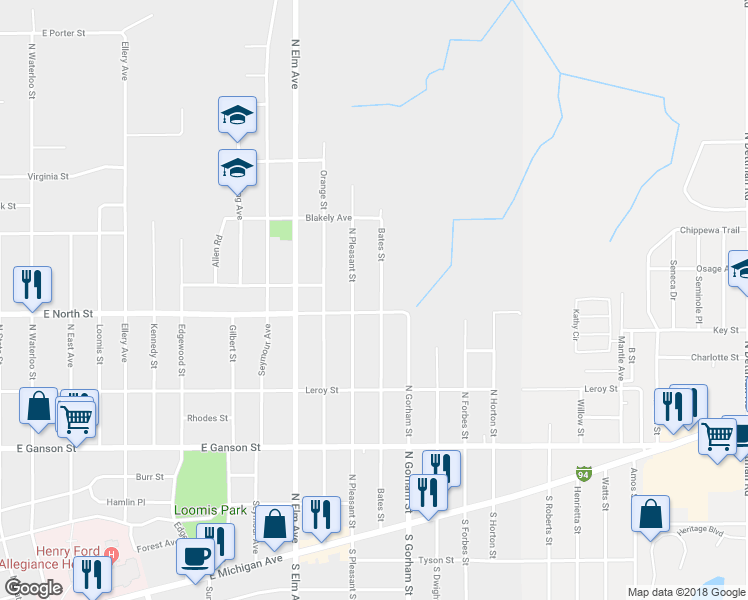 map of restaurants, bars, coffee shops, grocery stores, and more near 406 Bates Street in Jackson