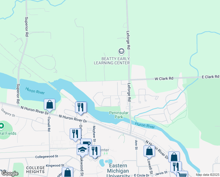 map of restaurants, bars, coffee shops, grocery stores, and more near 845 West Clark Road in Ypsilanti