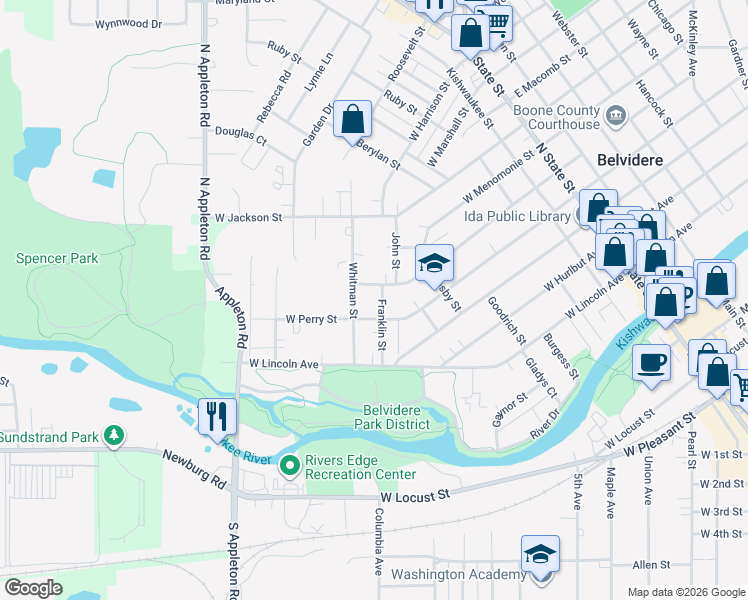 map of restaurants, bars, coffee shops, grocery stores, and more near 510 Franklin Street in Belvidere