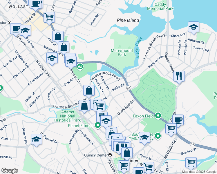 map of restaurants, bars, coffee shops, grocery stores, and more near 50 Putnam Street in Quincy