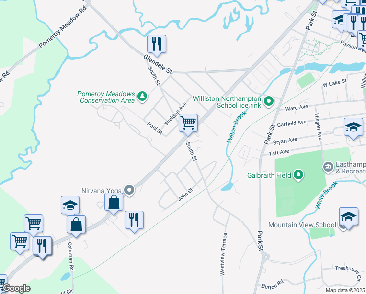 map of restaurants, bars, coffee shops, grocery stores, and more near 336 Main Street in Easthampton
