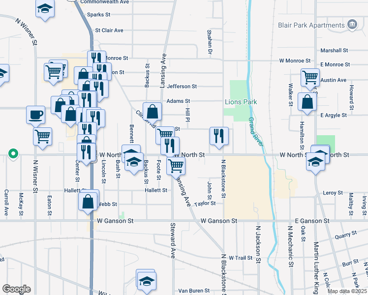 map of restaurants, bars, coffee shops, grocery stores, and more near 434 West North Street in Jackson