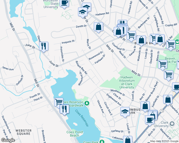 map of restaurants, bars, coffee shops, grocery stores, and more near 10 Rosslare Drive in Worcester