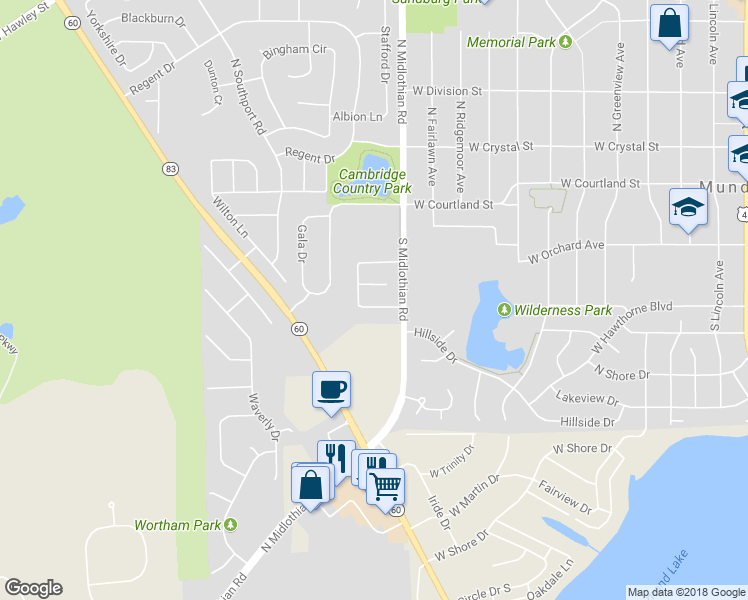 map of restaurants, bars, coffee shops, grocery stores, and more near 1128 Keswick Lane in Mundelein