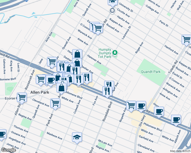 map of restaurants, bars, coffee shops, grocery stores, and more near 15141 Dasher Avenue in Allen Park