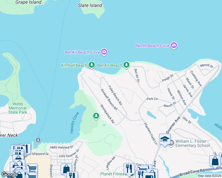 map of restaurants, bars, coffee shops, grocery stores, and more near 23 Foley Beach Road in Hingham