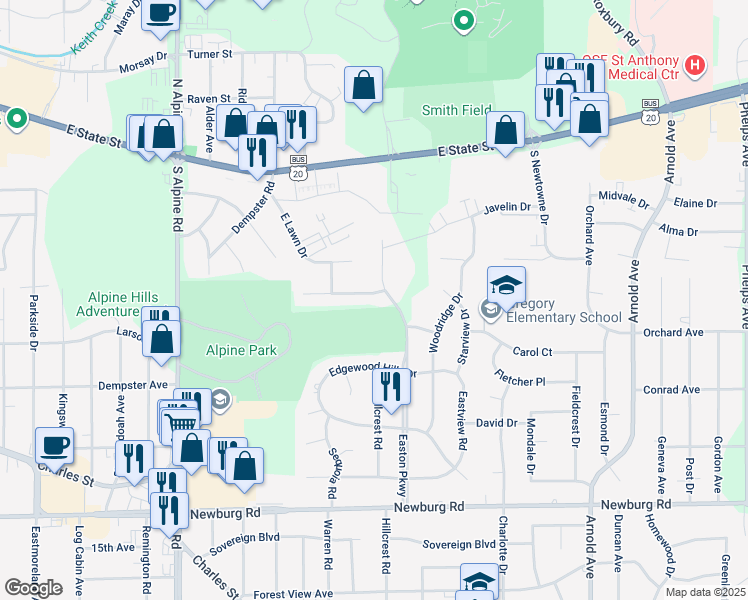 map of restaurants, bars, coffee shops, grocery stores, and more near 4929 Alpine Park Drive in Rockford