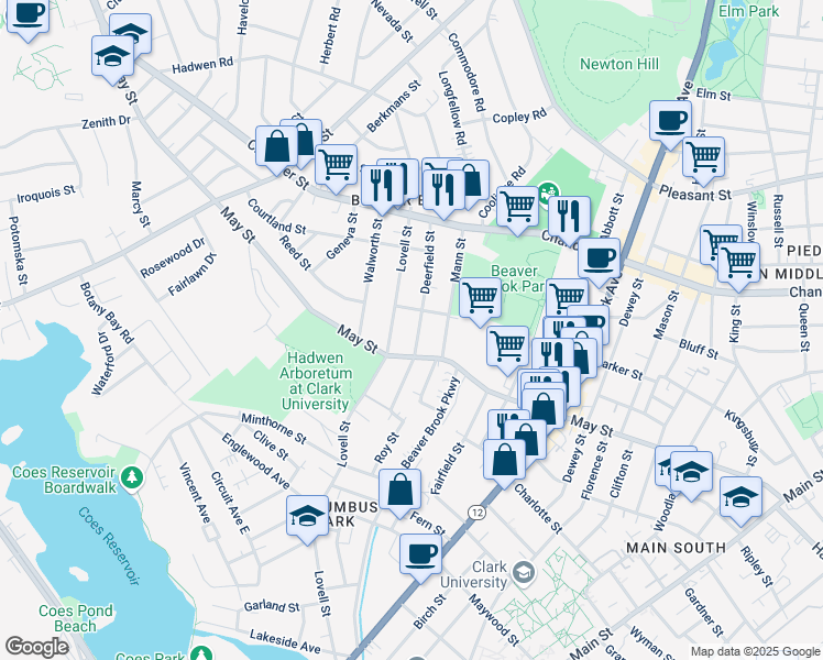 map of restaurants, bars, coffee shops, grocery stores, and more near 72 Deerfield Street in Worcester