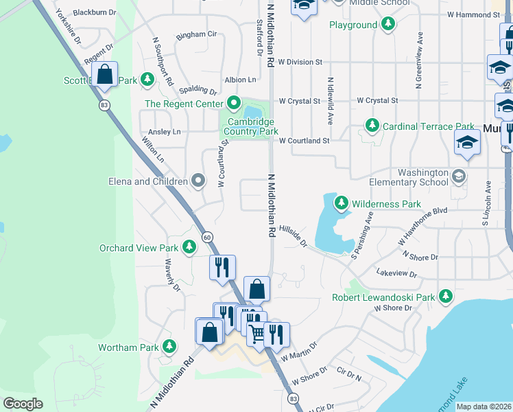 map of restaurants, bars, coffee shops, grocery stores, and more near 1128 Keswick Lane in Mundelein