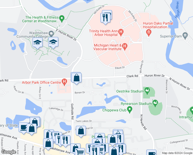 map of restaurants, bars, coffee shops, grocery stores, and more near Clark Road in Ypsilanti
