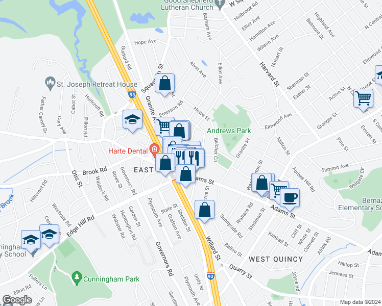 map of restaurants, bars, coffee shops, grocery stores, and more near 39 Franklin Street in Milton