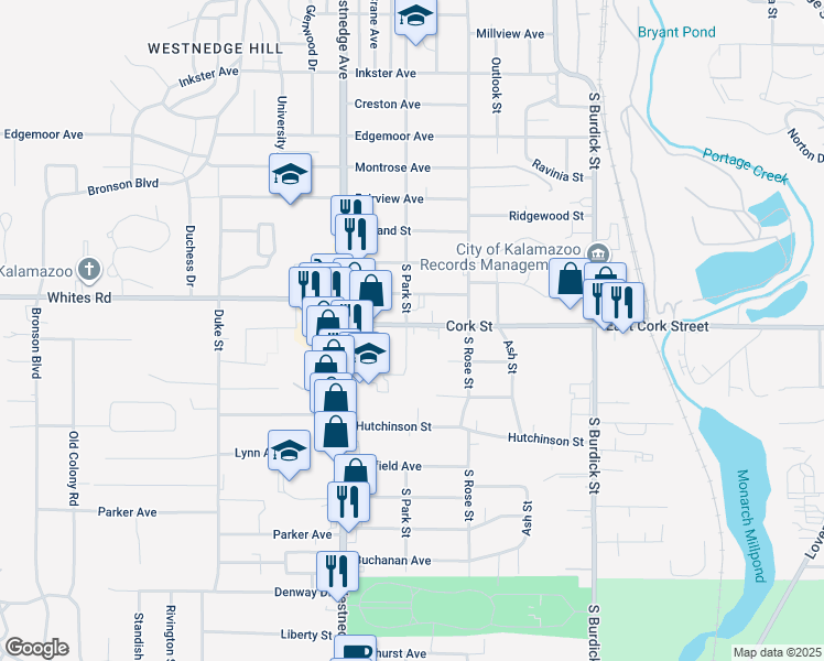 map of restaurants, bars, coffee shops, grocery stores, and more near 327 West Cork Street in Kalamazoo