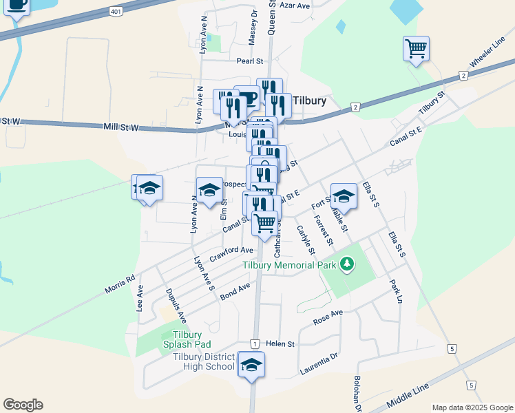 map of restaurants, bars, coffee shops, grocery stores, and more near 1 Queen Street North in Tilbury