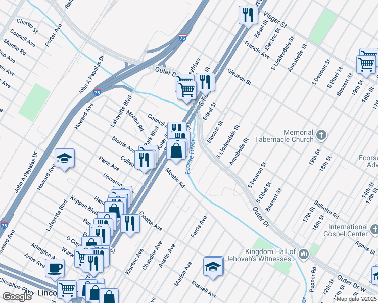 map of restaurants, bars, coffee shops, grocery stores, and more near 1057 Victoria Avenue in Lincoln Park