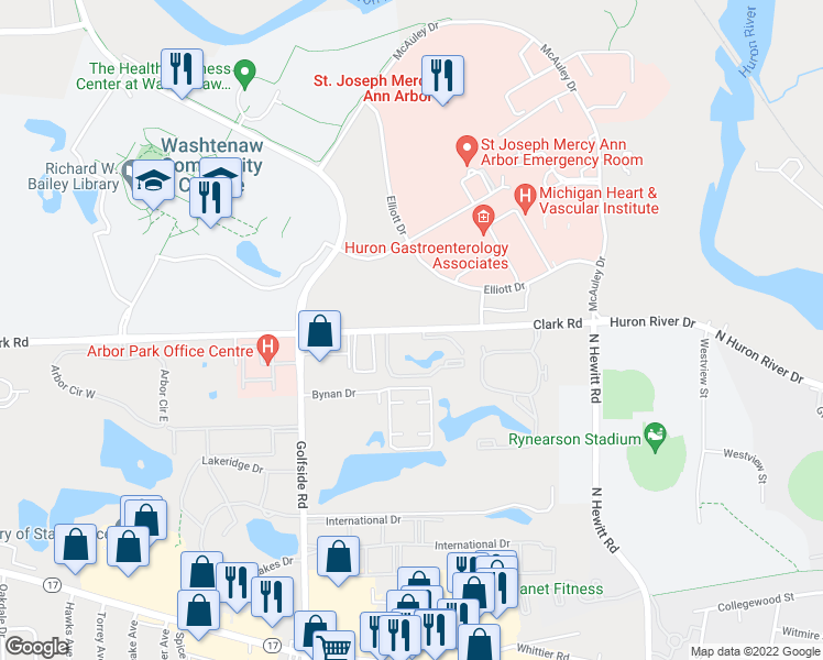 map of restaurants, bars, coffee shops, grocery stores, and more near 2921-2993 West Clark Road in Ypsilanti