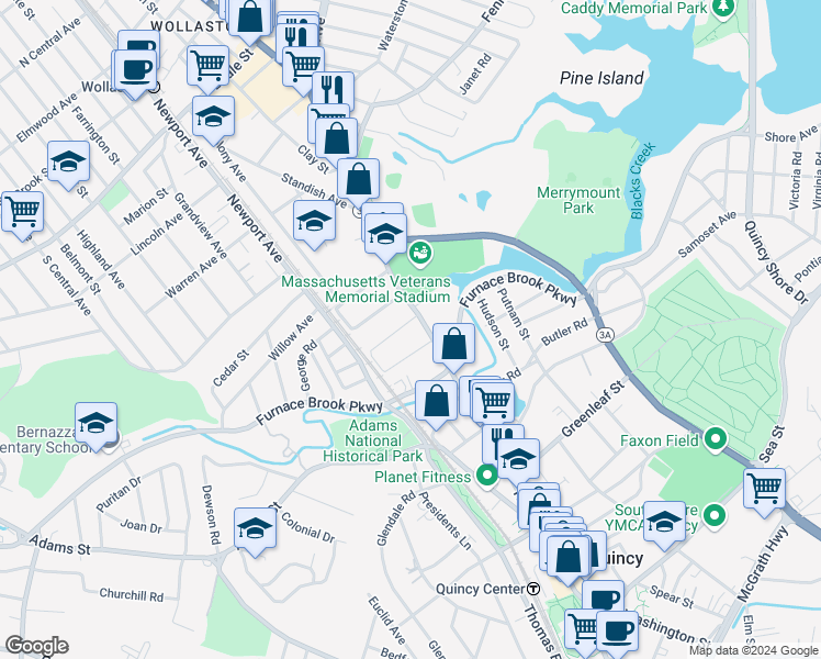 map of restaurants, bars, coffee shops, grocery stores, and more near 8 Gilmore Street in Quincy