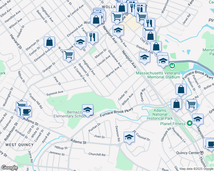 map of restaurants, bars, coffee shops, grocery stores, and more near 133 Prospect Avenue in Quincy