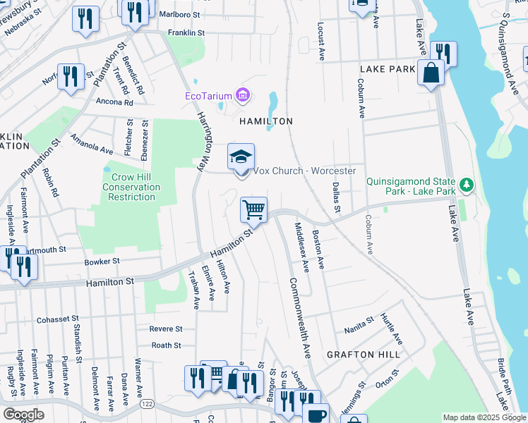 map of restaurants, bars, coffee shops, grocery stores, and more near 3 Jonathan Circle in Worcester